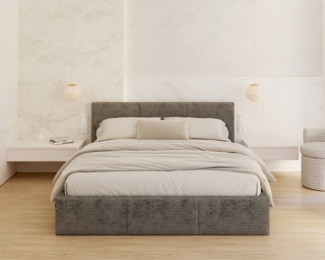 thematys Polsterbett mit Bettkasten Stauraumbett, aus hochwertigem CORD Stoff Bezug (verfügbar 90x200 120x200 140x200 160x200 180x200cm, Bettrahmen, Bett, mit großen gepolsterten Kopfteil, mit Bettkasten zum aufklappen), Metallrahmen mit Lattenrost, hy...