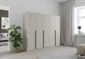 rauch Kleiderschrank Alba, Drehtürenschrank, Garderobenschrank, 5-türig, mit 4 Kleiderstangen, 5 Einlegeböden und Schubladeneinsatz, Farbe Champagner, Beige, Griffstange Grau metallic, Schwarz, 226x197x54cm