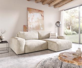 DELIFE Ecksofa Lanzo, XL Cord Beige 270x180 cm Recamiere variabel