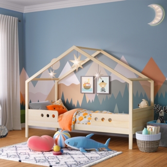 Bellabino 'Bela' Hausbett 90x200 cm, natur, Kiefer Massivholz, Montessori Kinderbett mit Rausfallschutz und Lattenrost