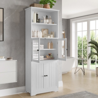 Merax Hochschrank mit Glas- & Holztüren (57.4x26.9x162.5cm, 1-St, Standvitrine Badkommode) Badezimmerschrank mit 2 offenen Fächern und verstellbaren Regalen