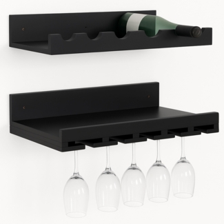 2er-Set Weinregal HWC-P22, Glas-/Flaschenhalter Wandbar für 6 Flaschen/15 Gläser Holz MVG-zertifiziert 61x28cm ~ schwarz