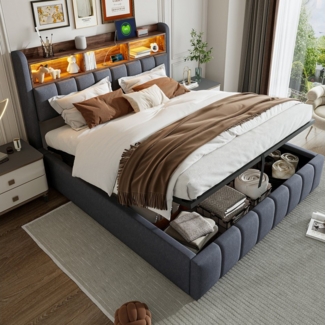 OKWISH Polsterbett Doppelbett, mit hydraulisches Stauraum (mit Kopfteil Einlegeböden, mit LED-Beleuchtung & USB-Anschluss, 180 x 200 cm), mit Matratze