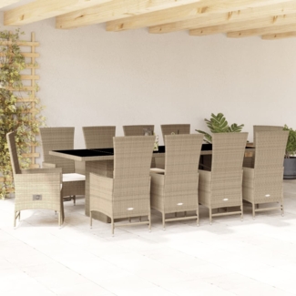 vidaXL 11-tlg. Garten-Essgruppe mit Kissen Beige Poly Rattan 3277588