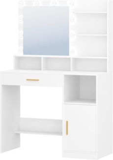 Schminktisch mit Spiegel und 10 LED-Leuchten, Schminkkommode mit 3 Ablagen & 4 offenen Fächern, Schminktisch mit großer Schublade & Schrank, 3 Einstellbare Beleuchtungsstärken