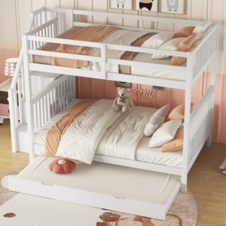 Kinder-Etagenbett 140×200 cm mit ausziehbarem Rollbett, Treppenregal und hohen Sicherheitsgeländern,weiß