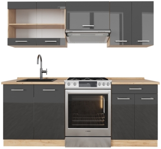 Vicco Küchenzeile Anthrazit Hochglanz/Goldkraft Eiche 200 cm , AP Eiche, R-Line