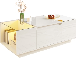 Couchtisch, Moderner minimalistischer Tisch mit Stauraum, LED-Stimmungsbeleuchtung, Glasplatte und 2 Schubladen, MDF + Glas, Weiß, 105 cm