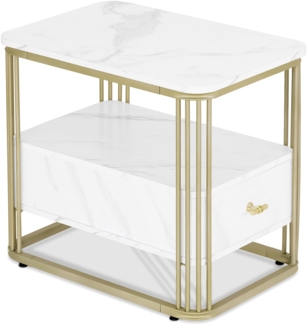 BarberPub Beistelltisch mit Schublade, Sofatisch mit 2 Ablagen, Modern Kaffeetisch Marmor Weiß Gold, Metallgestell, Couchtisch für Schlafzimmer, Wohnzimmer, Schönheitssalon, 60x40x55, 2138
