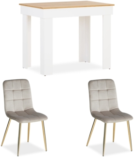 Esstisch mit 2 Stühlen Set Essgruppe Samt Polsterstühle Creme Küchentisch Holz Eiche Weiß Modern 90x60 cm Esszimmertisch Massiv