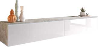 TV-Lowboard Stone 180, ohne Beleuchtung, Farbe: Beton / Weiß Hochglanz