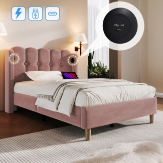 Einzelbett 90x200 cm Rosa Samt mit USB & Type-C Ladeanschluss,gepolstertes Kopfteil,Design-Paneel,stabiler Rahmen