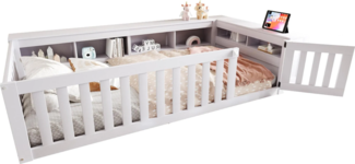 Kinderbett mit Lattenrost und Zaun, 90x200 cm, Rausfallschutz, Stauraum, Regal, Einzelbett, Jugendbett, Kiefer