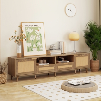 Schrank Rattan mit Echtholzbeinen, verstellbare Mittelfüße, rustikales Naturholz Design, großer Stauraum