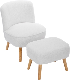 Merax Loungesessel mit hocker, Sessel ohne Armlehnen, gepolsterte Sitzfläche, Teddy-Samtstoff, Beine aus Massivholz, weiß