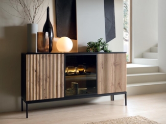 Vente-unique - Sideboard - 3 Türen - mit LED-Beleuchtung - MDF & Rauchglas - Schwarz & Holzfarben - OVILA