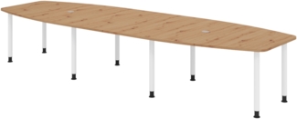 bümö Konferenztisch oval 400x130 cm großer Besprechungstisch in Asteiche, Besprechungstisch mit Gestell in weiß, Meetingtisch für 14 Personen, XXL-Tisch für Besprechungsraum & Meeting, KT40C-R-W