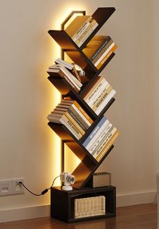 ODK Bücherregal in baumförmiger Optik, 6 offene Regale in Schwarz/Weiß, 1-tlg, mit integriertem LED-Lichtband – Ideal für Wohnzimmer & Schlafzimmer