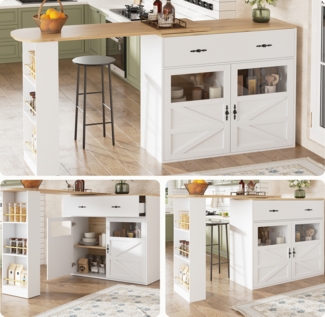 Bartisch, Ausziehbarer Hochtisch mit Stauraum 360° drehbar moderner Bar Table mit Regalen, MDF+Metall, Weiß, 138-204x39x104cm