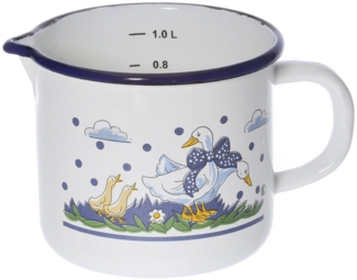 Milchtopf GÄNSEGLÜCK 1,0 Liter mit Ausguss und Skala, Emaille weiß mit Blumenmotiv