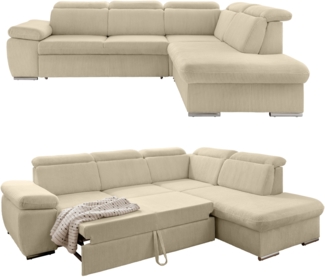 ECKSOFA mit Schlaffunktion, Bettkasten, Kopfstützen verstellbar, Wellenunterfederung, Ottomane rechts 283/228/102 cm, Cord Beige Grau