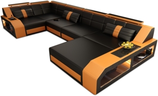 Sofa Arezzo U Leder, Echtleder, Schwarz, Orange, Rechts