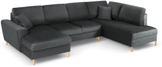 Micadoni 7-Sitzer Samtstoff Panorama Sofa Rechts mit Box und Schlaffunktion Moghan | Bezug Dark Grey | Beinfarbe Gold Me...