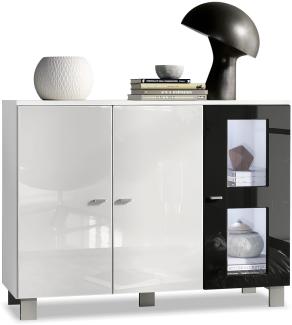 Vladon Sideboard Denjo, Kommode mit 3 Türen, Weiß matt/Weiß Hochglanz/Schwarz Hochglanz, inkl. LED-Beleuchtung (107 x 81 x 35 cm)