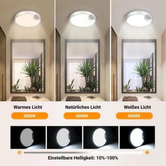 BlingBin LED Deckenleuchte Deckenlampe Innen mit Fernbedienung und Bewegungsmelder, Dimmbare USB-Deckenleuchte, LED fest integriert, Warmes Licht, natürliches Licht, weißes Licht, 300LM Sensor Leuchte für Flur Treppe Veranda Garage, 1 Stück