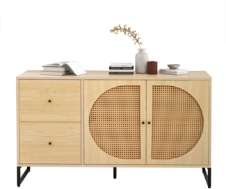 Merax Sideboard mit 2 Rattan verzierten Türen Kommode Küchenschrank, Mehrzweckschrank, Highboard mit Metallgriffe