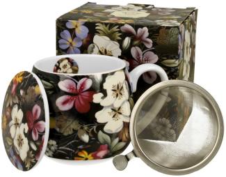 DUO ART GALLERY Fassbecher 430 ml BLACK mit Teesieb, New Bone China Porzellan