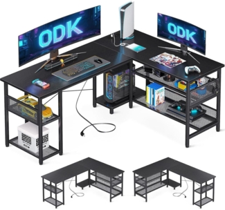 ODK Gaming Schreibtisch L-Form mit Stauraum, USB-Anschlüssen, Schwarz 150×102cm