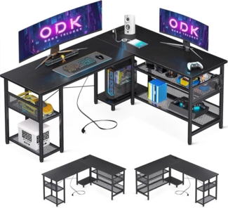 ODK Gaming Schreibtisch L-Form mit Stauraum, USB-Anschlüssen, Schwarz 150×102cm