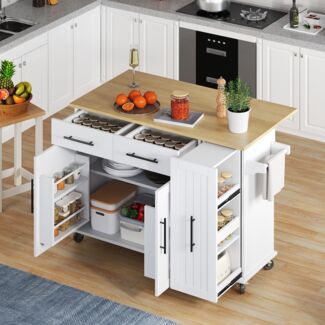 Kücheninsel auf Rollen 120 x 40/65 x 90 cm aus MDF mit Klappplatte, Schubladen & Auszugregal
