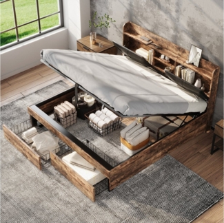 STILVORA Metallbett 140x200 Metallbett Holzbett mit Stauraum,Hydraulikbett mit Lattenrost (140 x 200cm), mit Lattenrost mit Matratze, mit Kopfteil, Leicht zusammenzubauen