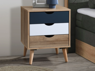 Vente-unique - 2er-Set Nachttische - 3 Schubladen - Holzfarben, Weiß und Blau - LURVIA