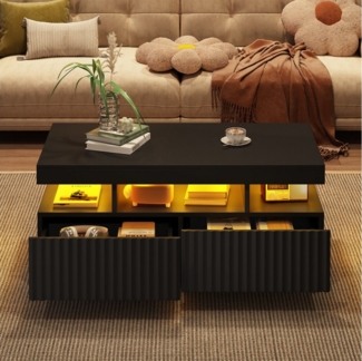 Merax Couchtisch Sofatisch Beistelltisch mit LED-Lichtleiste (Stauraumfunktion und robuster Spanplattenkonstruktion, 1-St, 100×50×45 cm), Wohnzimmertisch mit 2 Vakuumform-Schubladen und offenem Mittelteil