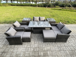 Fimous Gartenmöbel-Set im Freien 10 Stücke Polyrattan Möbel Sofa Esstisch Set mit 3 Hocker 2 Beistelltische Dunkelgrau Gemischt