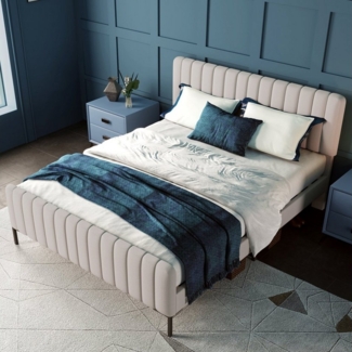 HAUSS SPOLE Polsterbett Doppelbett Holzbett Polsterbett Bettrahmen (160x200 cm Beige ohne Matratze), Bettgestell mit Lattenrost und Verstellbares Kopfteil