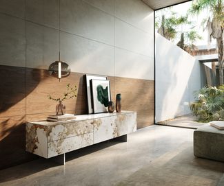 Lowboard Cuor 180 cm Keramik Minas Melange Weiß-Beige 1 Klappe 2 Schubfächer Fuß Schwebeoptik Edelstahl