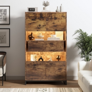 MODFU Vitrine Schwarz-Braun, Kippschutz (Stauraumvitrine mit Acrylblende, 1-St, mit 2 Schubladen) mit LED-Beleuchtung
