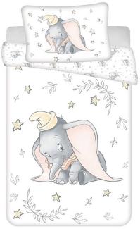 Disney Kinder Bettwäsche Wendemotiv Bettwäsche Dumbo Elefant Grau Sterne Pflanzen weiß Bettdecke 100x135 + Kopfkissen 40x60 cm, 100% Baumwolle