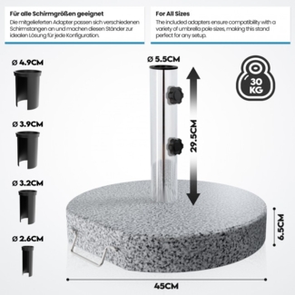 anaterra® Sonnenschirmständer - Granit, 30 kg, Rund, mit Rollen und Griff, Edelstahl - Schirmständer, Sonnenschirmsockel, Ständer für Sonnenschirm, Balkon, Terasse, Garten, Outdoor