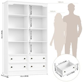 Homfa Bücherregal 180 cm Bücherschrank Hochschrank Mehrzweckschrank Standregal, mit 4 Schubladen und 8 Fächer groß holz 180 x 30 x 100 cm, weiß