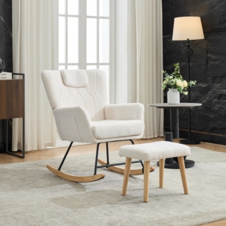 Schaukelstuhl-Set Weiß aus Teddy-Samt mit Fußhocker, 65 x 88 x 87 cm