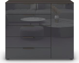 Rauch Möbel Flipp, Kombikommode, Kommode mit Stauraum für Wohnzimmer, Schlafzimmer, Flur, 2 Fachböden, Graphit/Glasfront Basalt, 1-türig, 5 Schubkästen, Griffe graphit, 120 x 100 x 42 cm