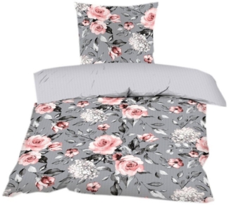 Casa Colori Bettwäsche Seersucker Bettwäsche Garnitur 135x200 Reißverschluss, Seersucker, 2 teilig, in Grau mit Rosenprint romantisch verspielt