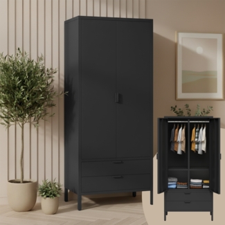 skølm 'Ituri' Kleiderschrank mit 2 Schubladen, Metall, 170x45x80 cm, schwarz, Garderobe mit 4 Fächern und 2 Kleiderstangen