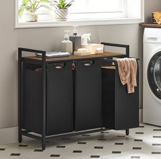 Vasagle Wäschekorb mit 3 Fächer, Metallrahmen Vintagebraun/Schwarz, 38L / 92,5 x 33 x 72 cm