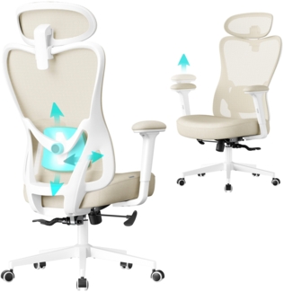 SONGMICS Bürostuhl ergonomisch, Schreibtischstuhl, Computerstuhl, verstellbare Lenden- und Kopfstütze, bis 150 kg belastbar, höhenverstellbar, sandbeige